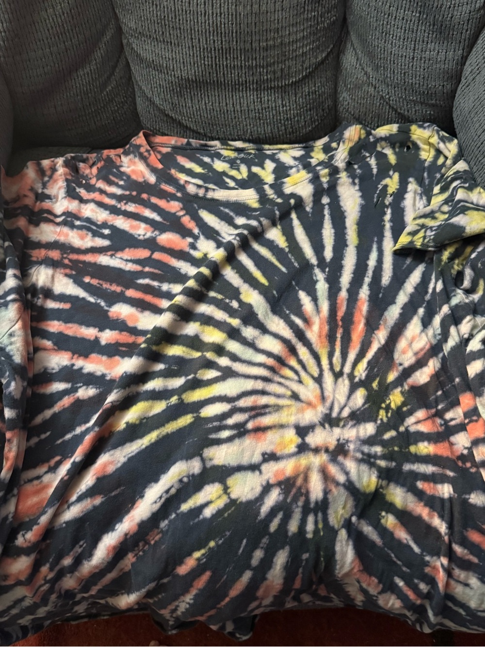 Lovesick tie -Dye Spiral Tee in Black, Peach & Yellow size 5
